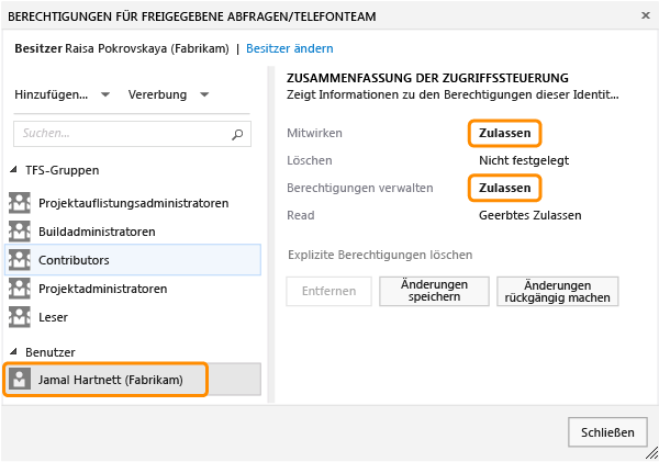 Dialogfeld mit Berechtigungen für eine Abfrage