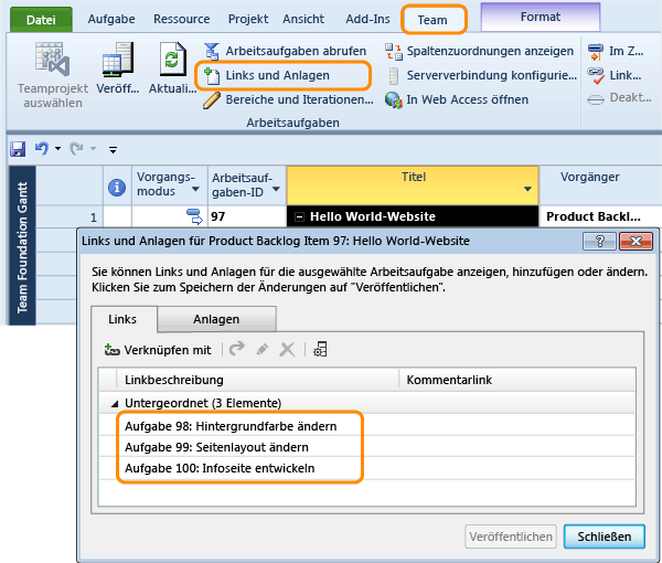 Untergeordnete Aufgaben erstellen einen vorherigen/nachfolgenden Link