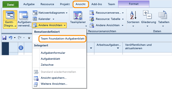 Team Foundation-Aufgabenansicht in Projekt öffnen