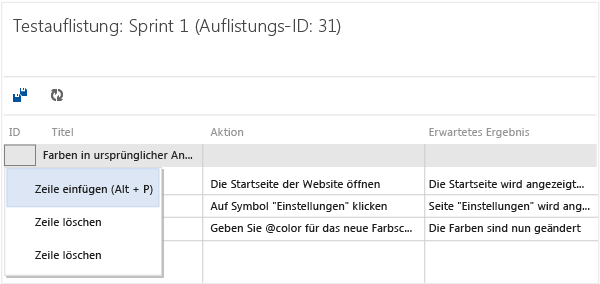 Kontextmenü zum Einfügen oder Löschen verwenden