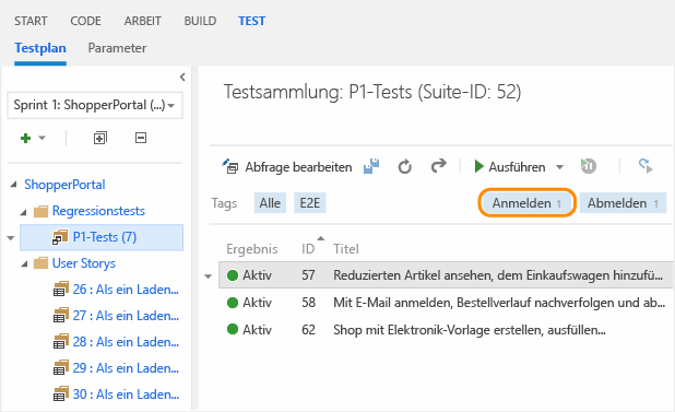 Testhub; Registerkarte "Testplan"; Auswahl oder Hinzufügung von Tags