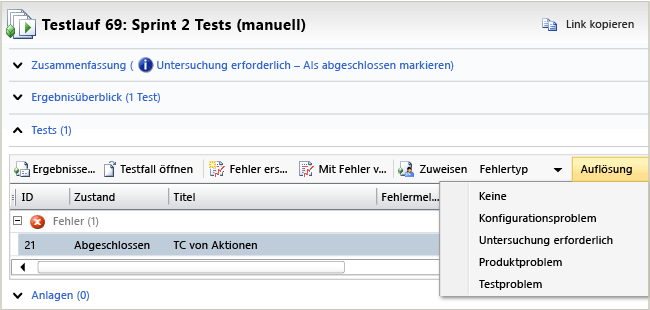 Seite der Testlaufanalyse in MTM