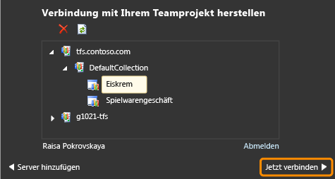 Servername erweitern und Projekt wählen.