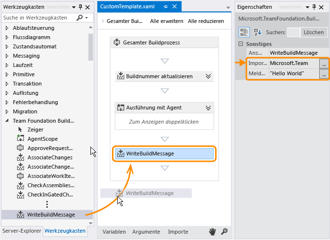 WriteBuildMessage-Aktivität zu Vorlage hinzugefügt