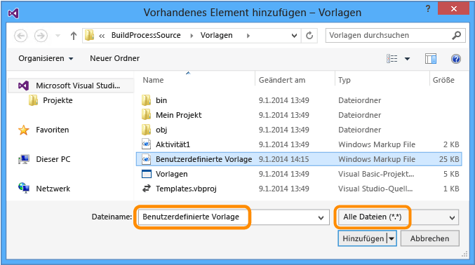 Dialogfeld "Vorhandenes Element hinzufügen"