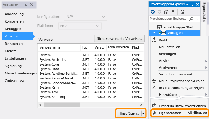 Verweise auf das benutzerdefinierte Vorlagencodeprojekt