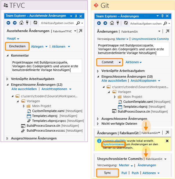 Hochladen der Änderungen mit TFVC oder Git