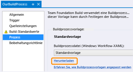 Links auf die Registerkarte "Prozess" für die Builddefinition herunterladen