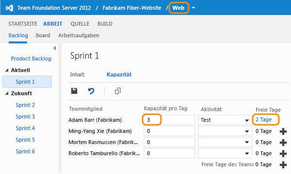 Dem Team "Web" Kapazität zuordnen