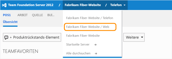 Ein anderes Team im Teamprojektmenü auswählen