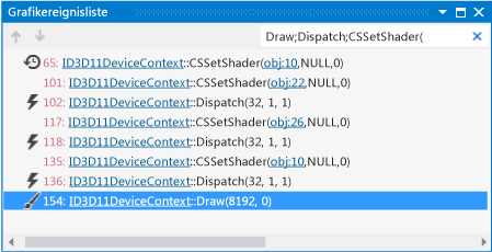 In der Ereignisliste werden Draw-, Dispatch- und CSSetShader-Ereignisse angezeigt