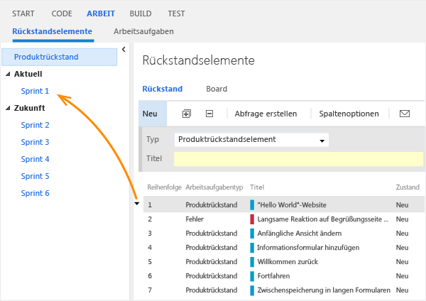 Element zu einem Sprint-Rückstand hinzufügen