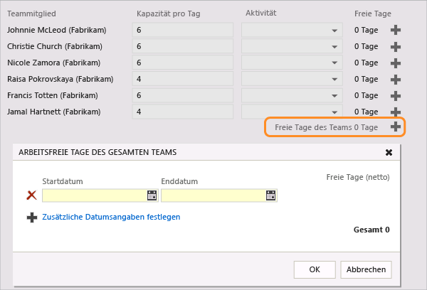 Freie Tage für Team festlegen