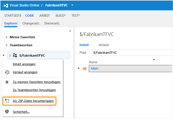 Quellcode für Team Foundation Service herunterladen