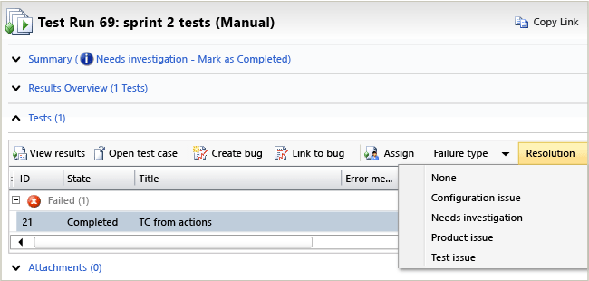 Seite der Testlaufanalyse in MTM