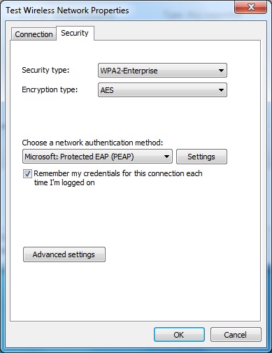 The Security tab of the Wireless Network Properties dialog box