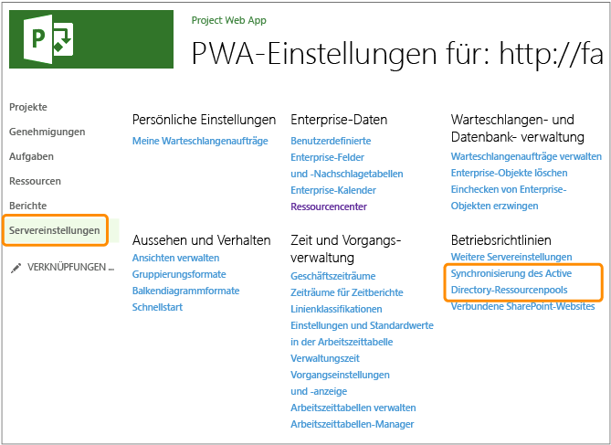 Öffnen Sie die Active Directory Resource Pool-Synchronisierung