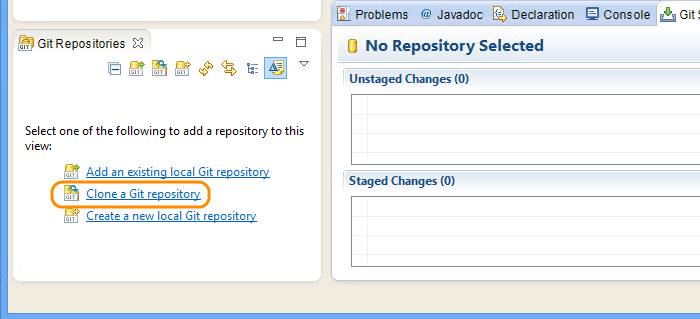 Clone a Git repository in the Git repositories view