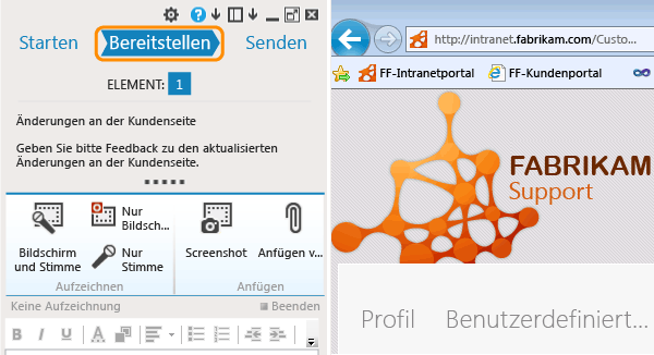 Seite "Bereitstellen" im Feedback-Client