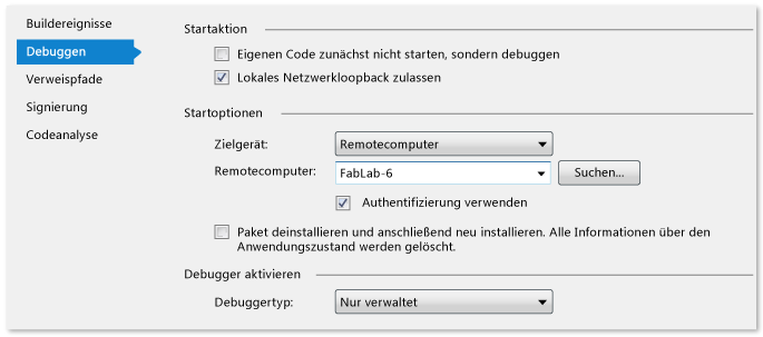 Verwaltete Projekteigenschaften für Remotedebugging