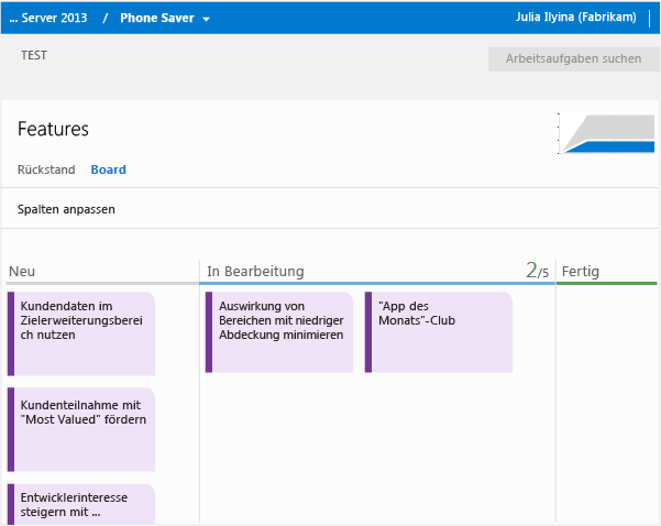 Der Funktionsbacklog hat ein eigenes Kanban-Board