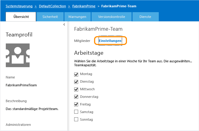 Seite mit Teameinstellungen für Standardarbeitstage