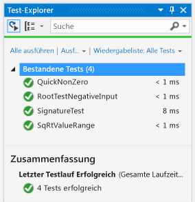 Komponententest-Explorer mit vier bestandenen Tests