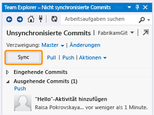 Schaltfläche "Synchronisierung" und Link "Push" auf der Seite "Unsynchronisierte Commits"