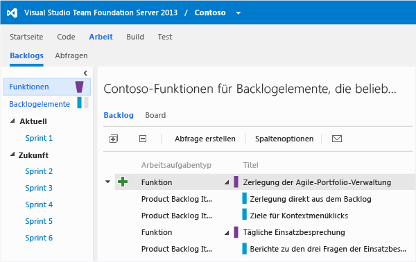 Portfoliobacklog mit Funktionen und Backlogelementen