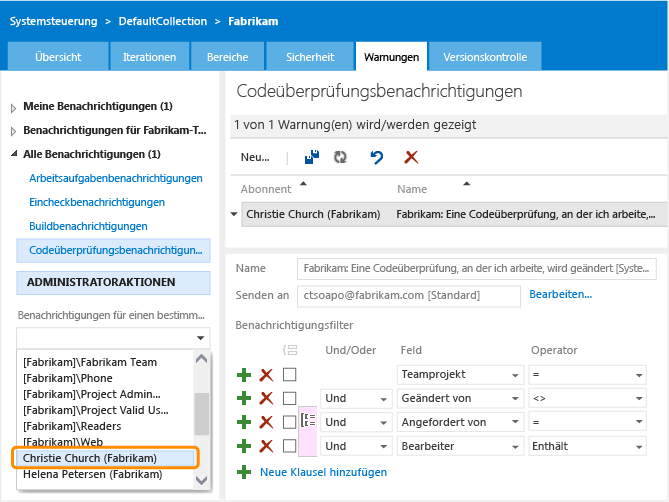 Suchen von für ein anderes Teammitglied definierten Warnungen