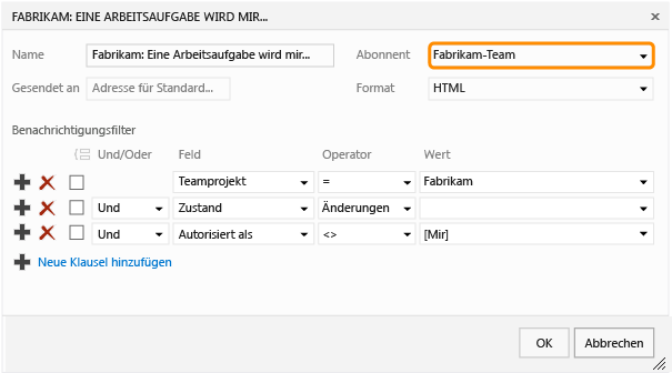 Warnungstyp für das Team wählen