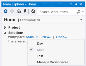 Wechseln von Arbeitsbereichen der Team Explorer-Startseite