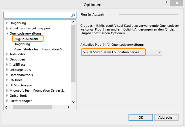 Seite "Plug-In-Auswahl", Dialogfeld "Optionen"