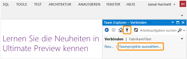 Select team project link on the Connect page in Team Explorer