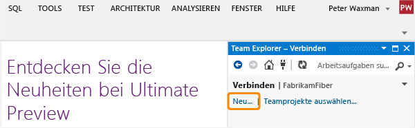 Link "Neu" auf Seite "Verbinden" (Team Explorer)