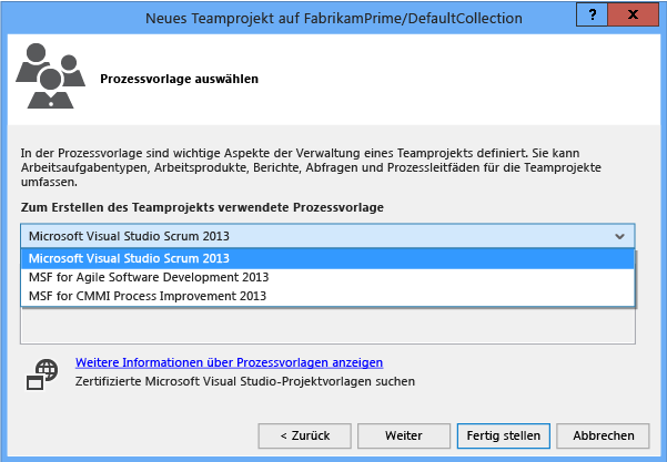 Select a Process Template page in the New Team Project dialog box