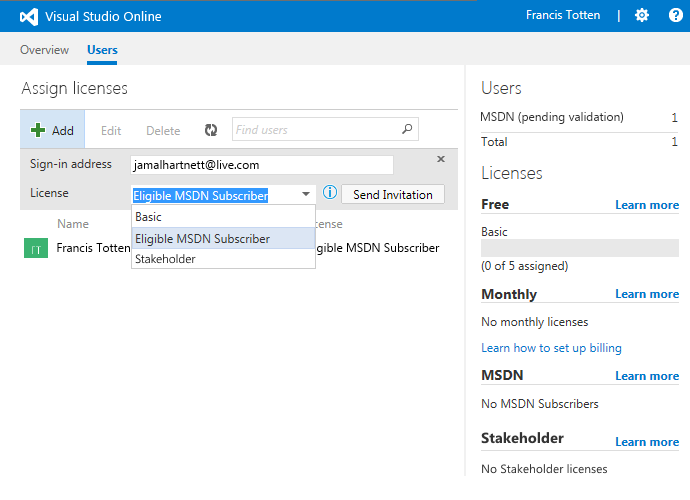 Add users with eligible MSDN subscriptions