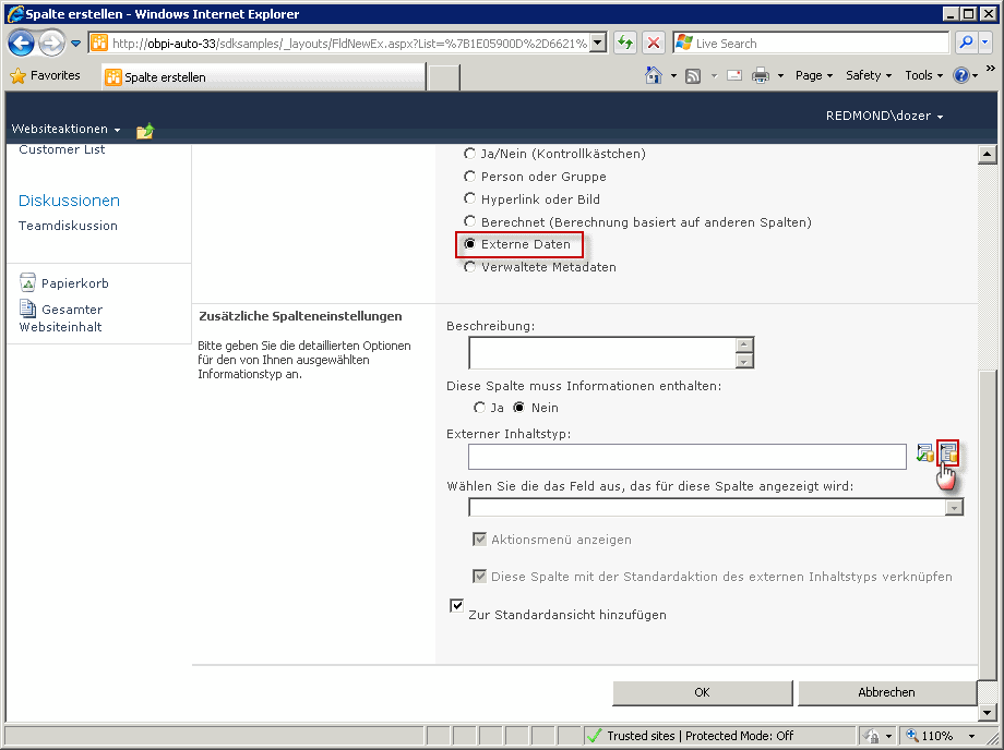 Auswahl für externen Inhaltstyp