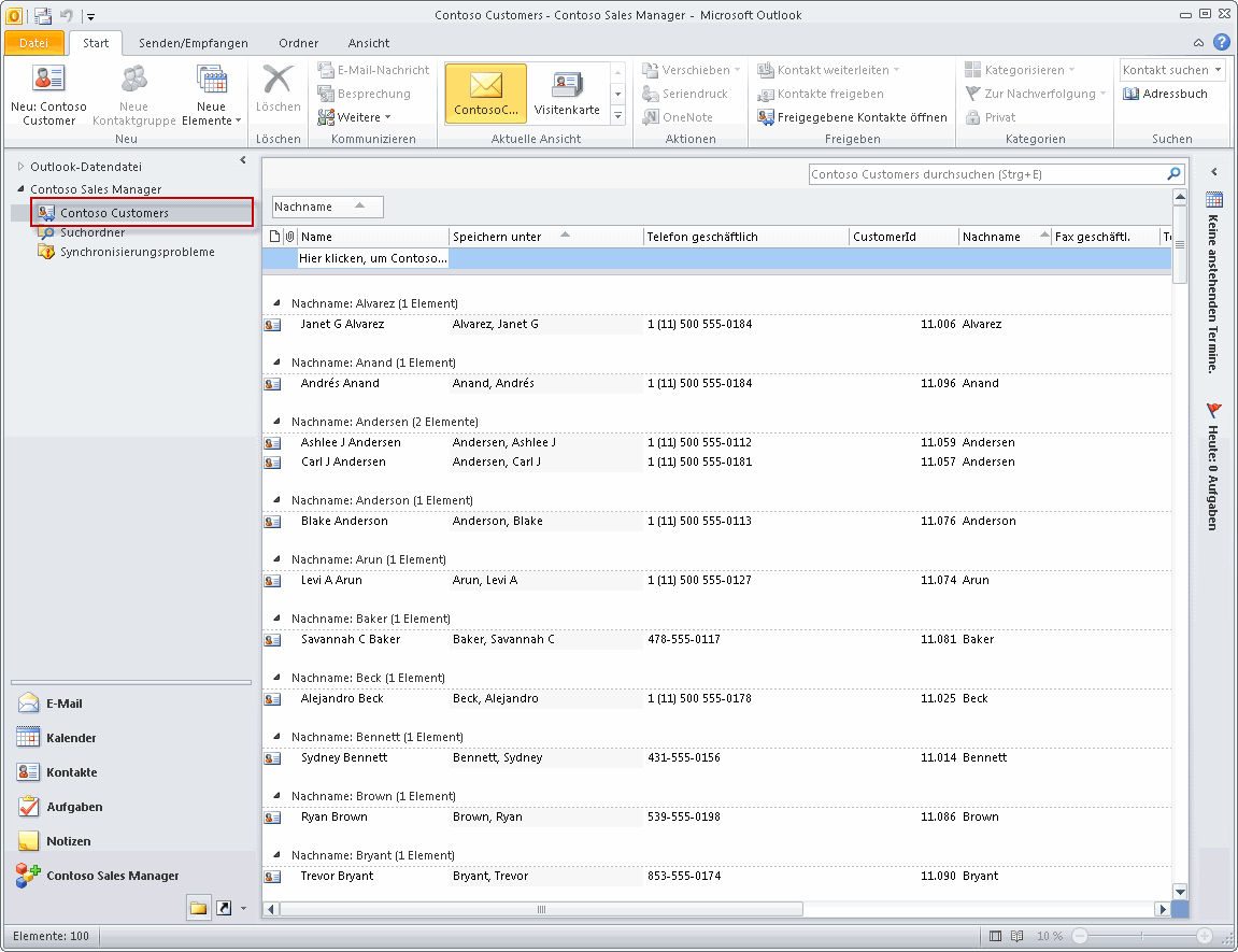 Benutzerdefinierte Outlook-Ansicht des Ordners 'Customers'
