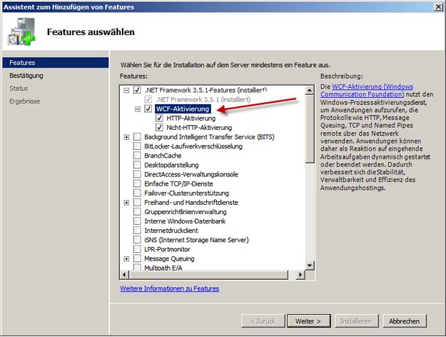 WCF-Aktivierung in Windows Server 2008 auswählen