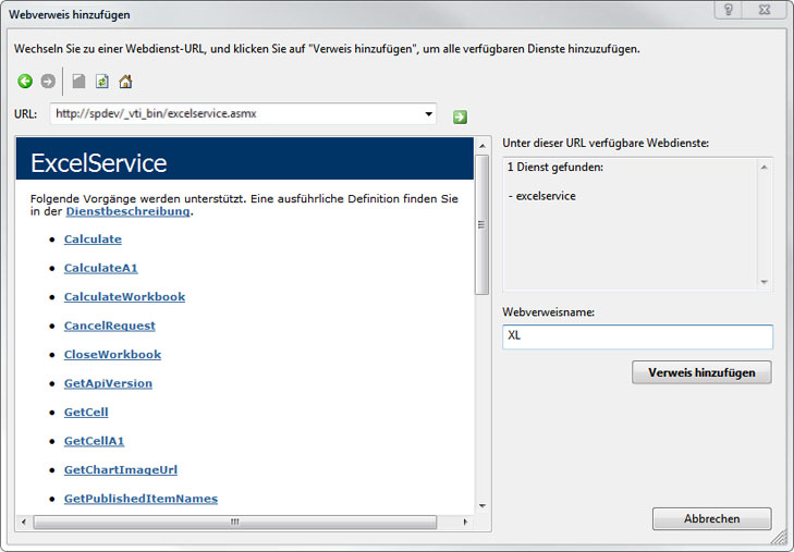 Dialogfeld 'Webverweis hinzufügen' in Visual Studio