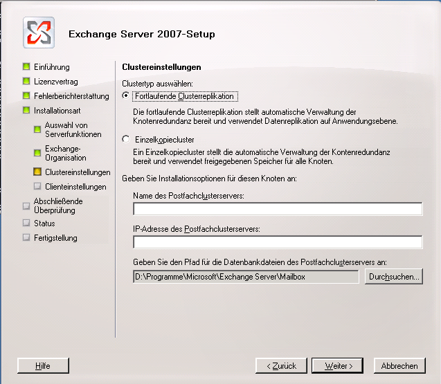 Seite "Clustereinstellungen" des Exchange Server 2007-Installations-Assistenten