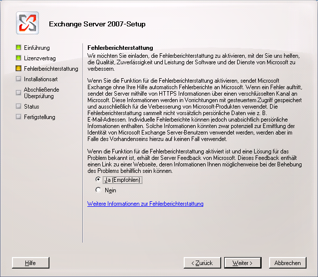 Seite "Fehlerberichterstattung" des Exchange 2007-Installations-Assistenten