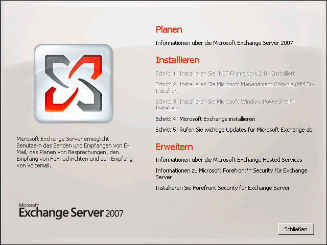 Seite, die beim Ausführen von "Setup.exe" von Exchange 2007 aufgerufen wird