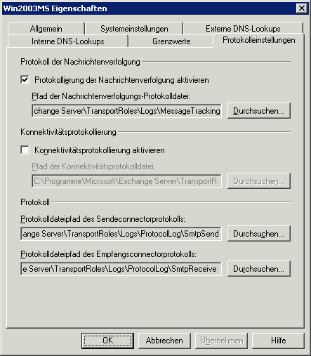 Screenshot der Registerkarte "Protokolleinstellungen" in SP1