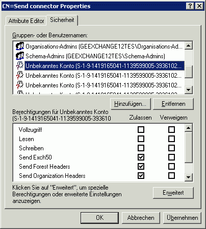 Sendeconnector Sicherheit (Registerkarte) in ADSI-Editor