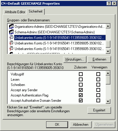 Empfangsconnector Sicherheit (Registerkarte) in ADSI-Editor