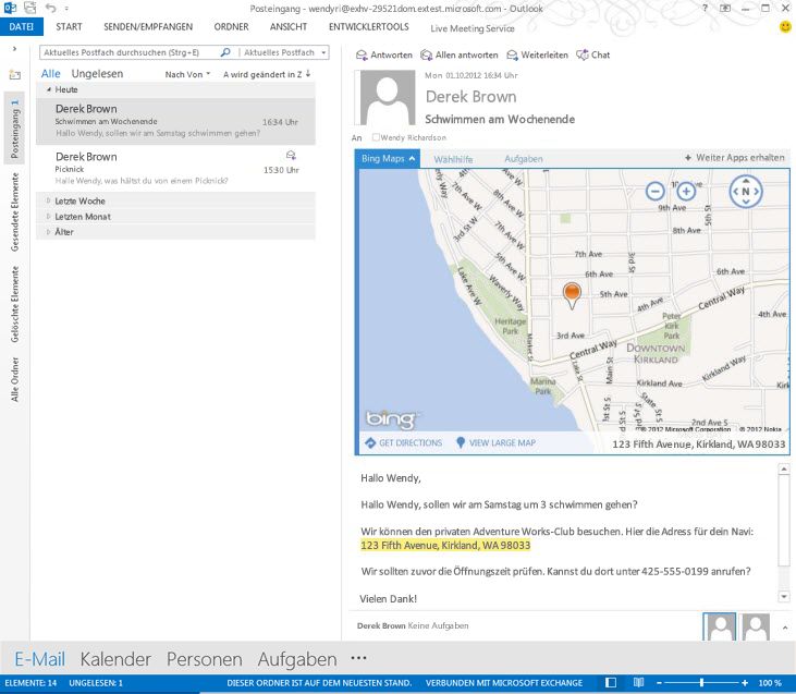Mail-App für Outlook zeigt kontextsensitive Karte