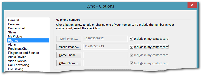 Screenshot der Lync Phones-Einrichtungsoptionen – Screenshot