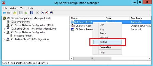 Setzen Sie z. B. den SQL Server-Dienst zurück.